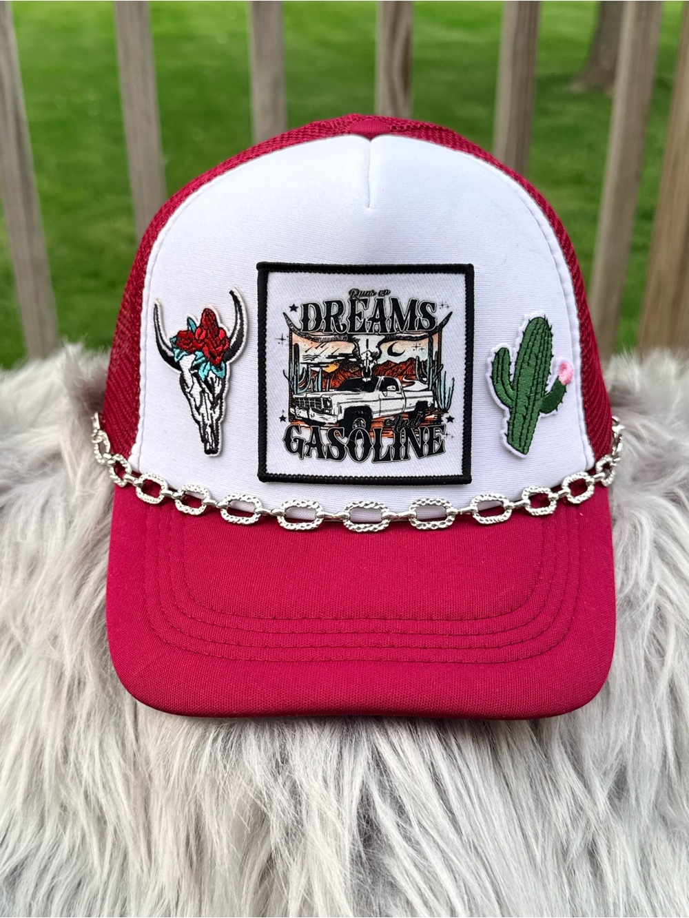 Red and White 'Runs On Dreams & Gasoline' Trucker Hat